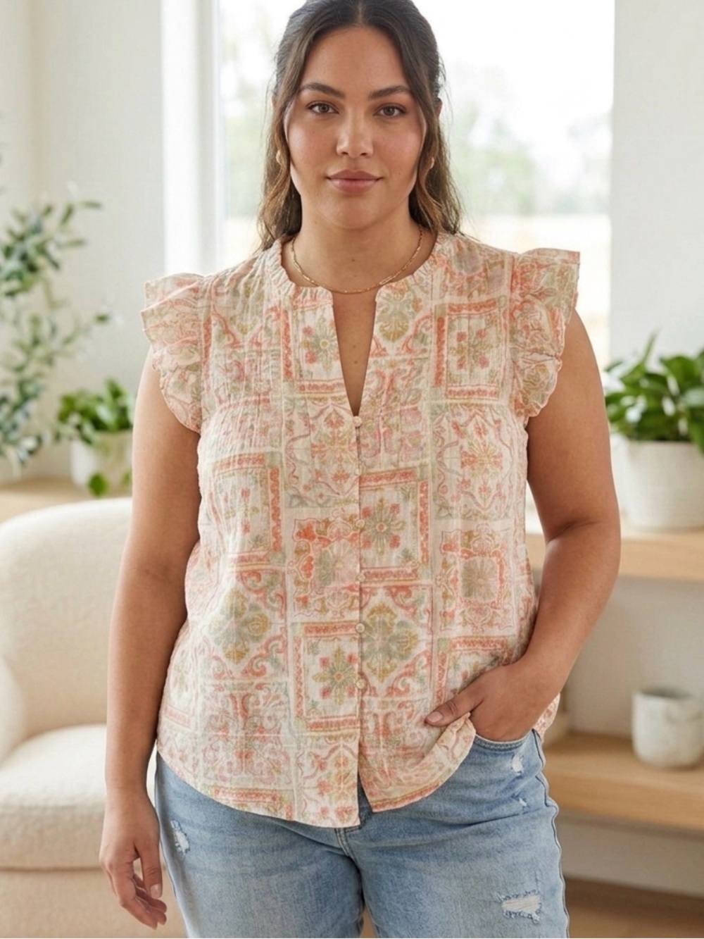 ROSE+OLIVE Womens Orange and Green Patchwork Flutter Sleeve Babydoll Top Large